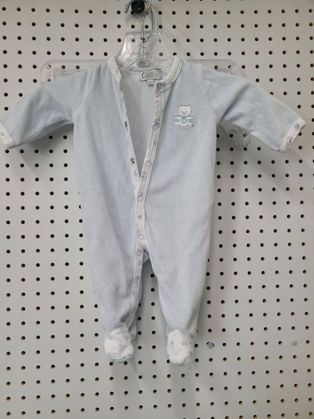 Quiltex Baby Blue Footed Sleeper 0-3M With Bear Embroidery & Snap Closure